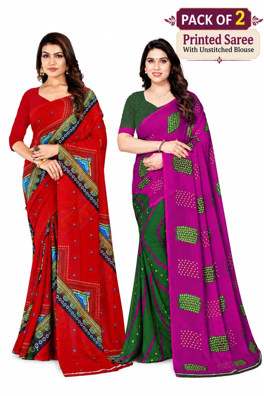 maayro Printed Bandhani Georgette Saree (Pack of 2, Multicolor)