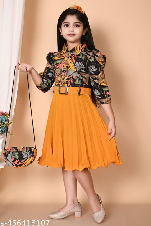 Stylish Girls Printed Frock and Dress Pleated kids Dress with Matching Bag and Belt Perfect Kids Frock for Special Occasions Birthdays gril frock and Parties 10 years gril dress Trending frock High Demand Fashion Frocks and Dresses for Cute 8 years