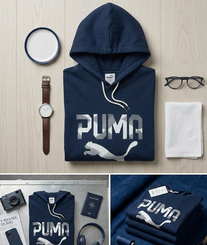 PUMA Men’s Graphic Fleece Hoodie for Men & Women – Unisex Printed Hoodie (Blue,)
